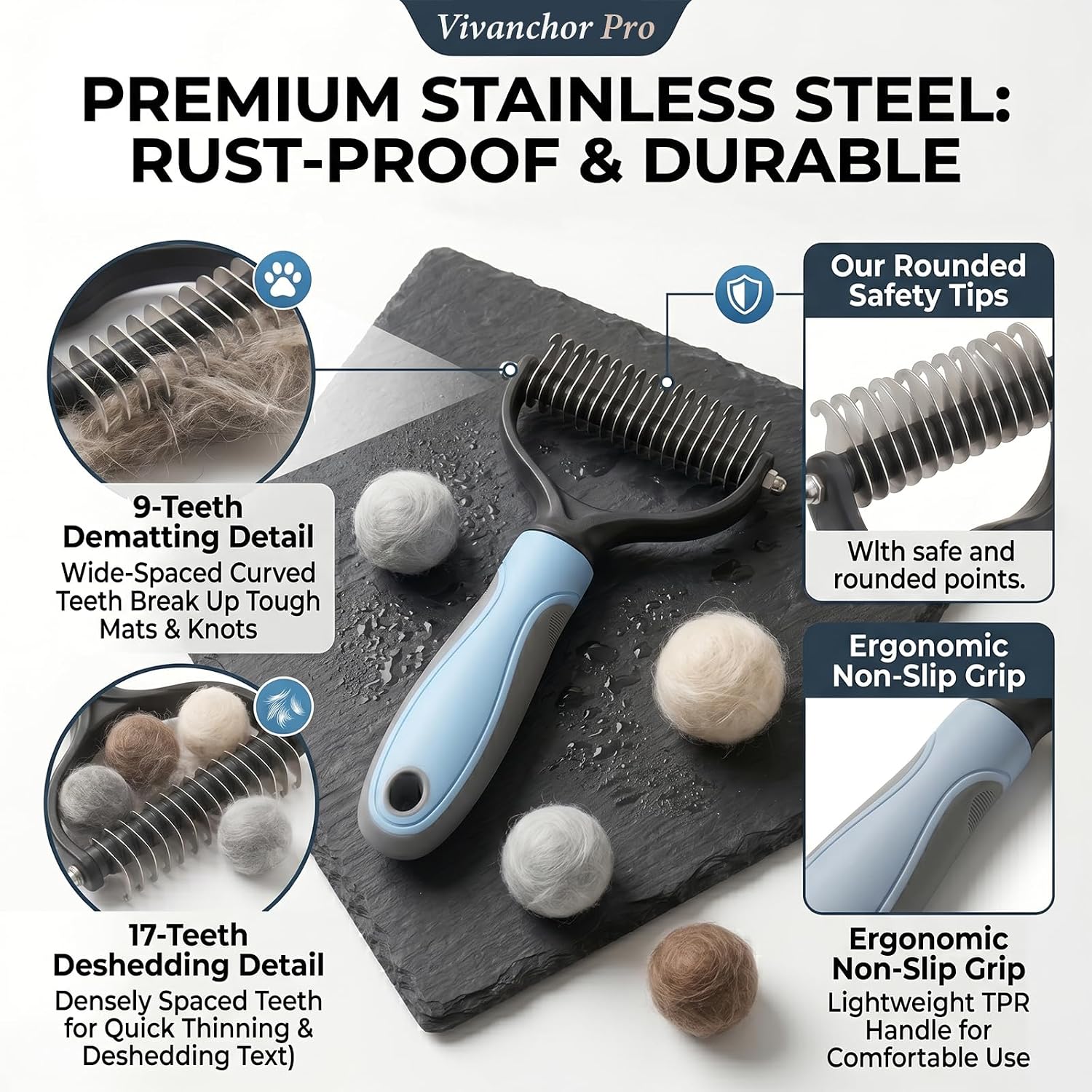 Blue and grey non slip thermoplastic rubber handle of the Vivanchor undercoat brush for comfortable grip