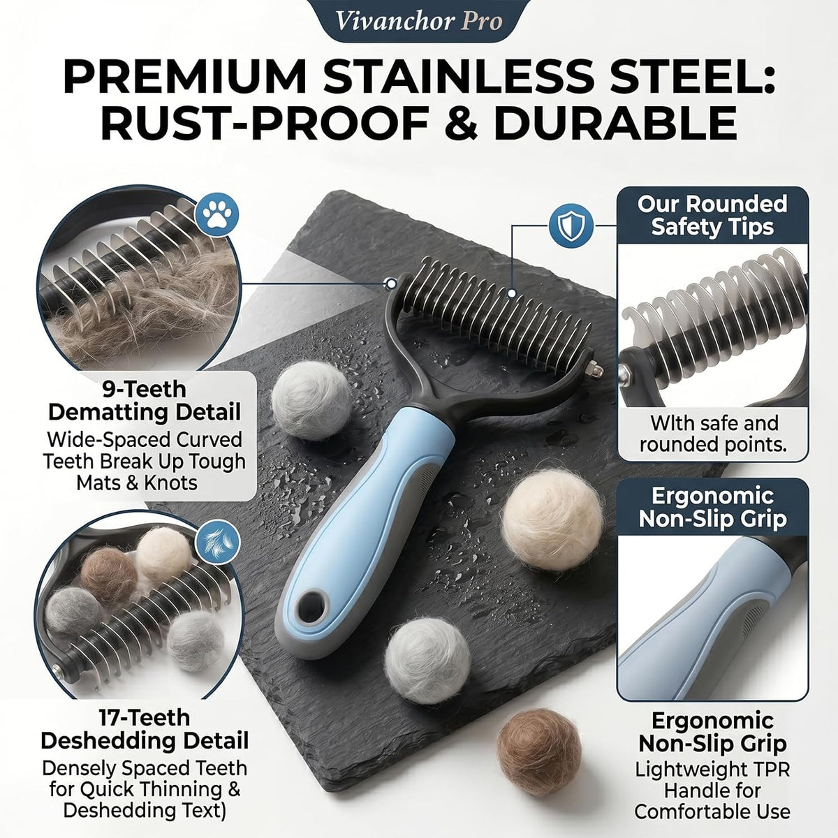 Blue and grey non slip thermoplastic rubber handle of the Vivanchor undercoat brush for comfortable grip