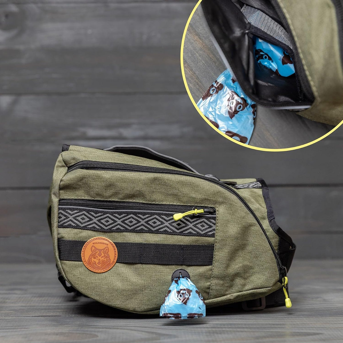 Durable water resistant dog saddlebag pockets open showing interior storage