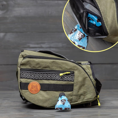 Durable water resistant dog saddlebag pockets open showing interior storage