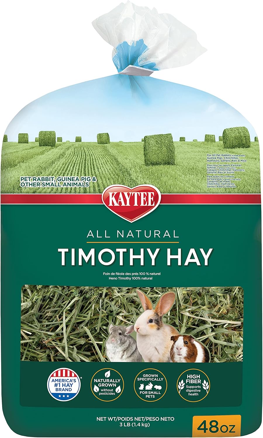 Kaytee Timothy Hay High Fiber 3 Pounds front view authentic imported small animal food
