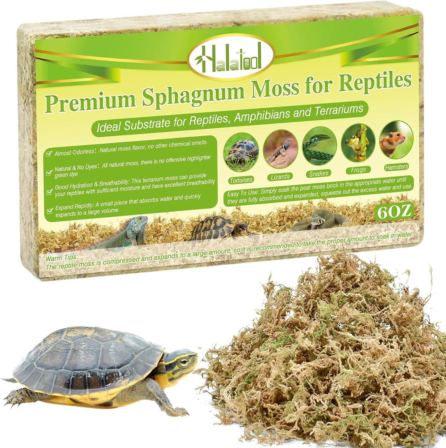 Halatool natural sphagnum moss reptile substrate front view of compressed block pack