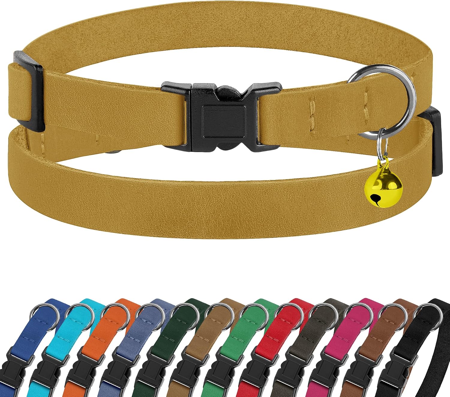 BUDKAS breakaway leather cat collar front view in mustard yellow color
