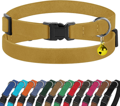 BUDKAS breakaway leather cat collar front view in mustard yellow color