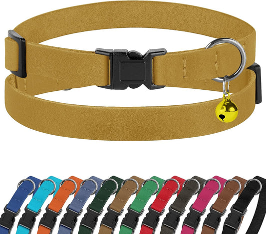 BUDKAS breakaway leather cat collar front view in mustard yellow color