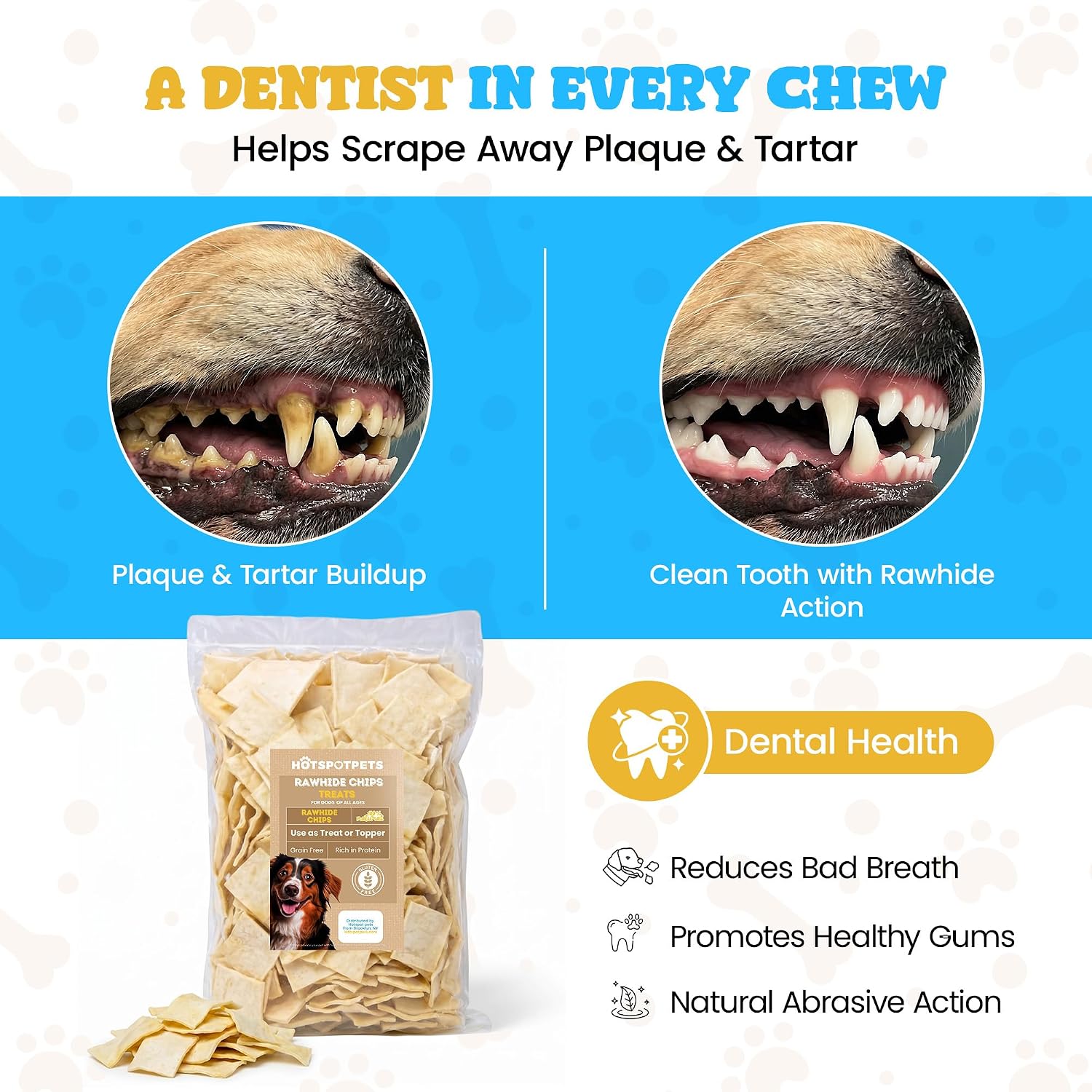 Durable grain free rawhide chips for aggressive chewers