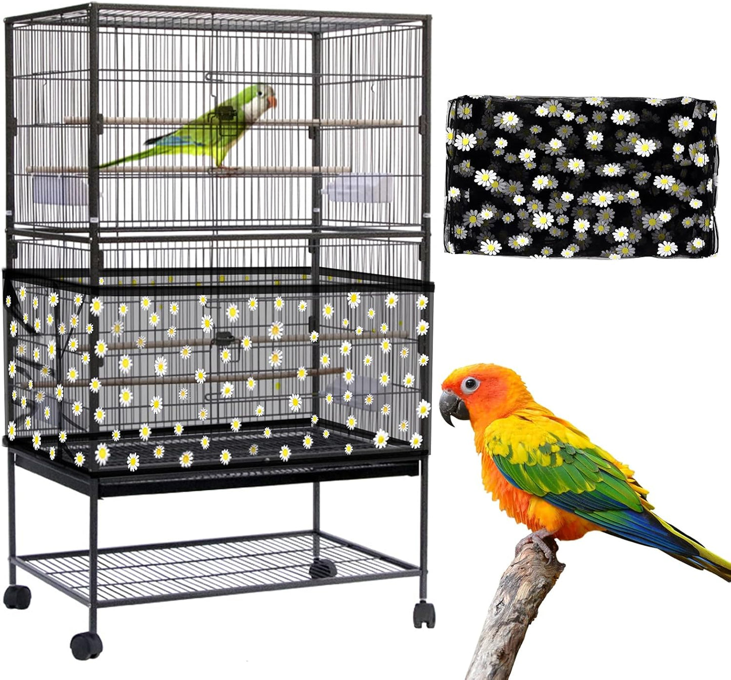 Daoeny Large Bird Cage Cover, Bird Cage Seed Catcher, Adjustable Soft Airy Nylon Mesh Net, Birdcage Cover Skirt Seed Guard for Parrot Parakeet Macaw African Round Square Cages (Black) - Image 10