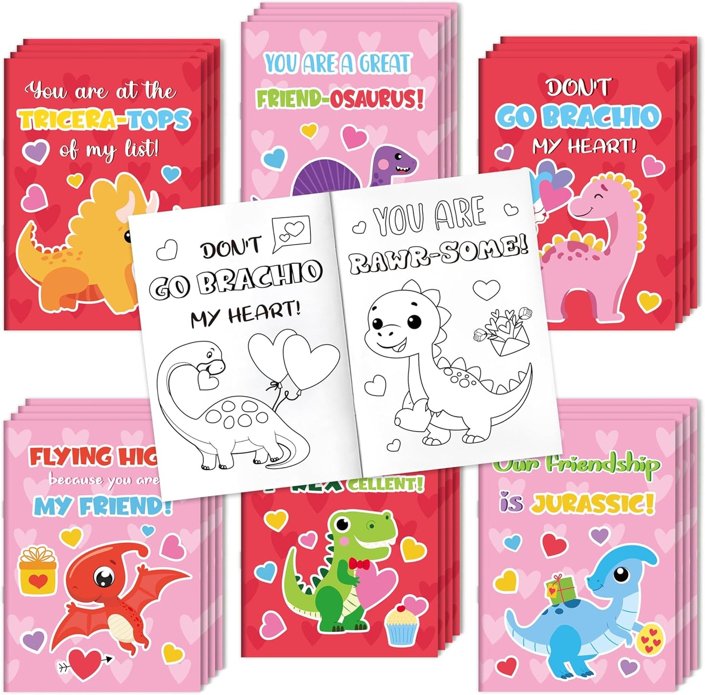 Dvbonike Valentine Dinosaur Coloring Books front view showing assorted prehistoric cover designs for kids activity gifts.