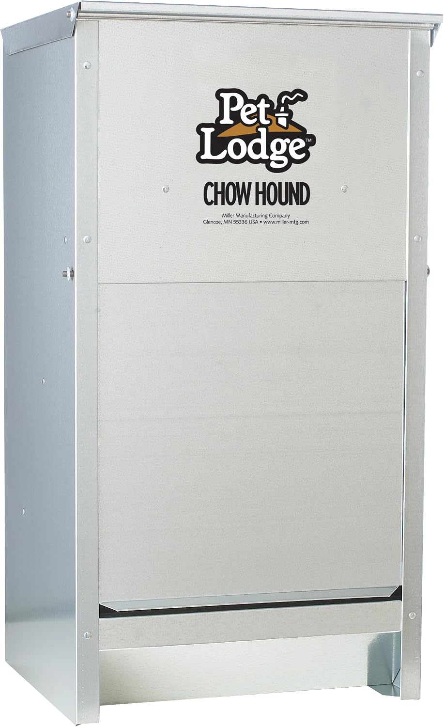 Pet Lodge Chow Hound automatic dog feeder front view showing galvanized steel construction.