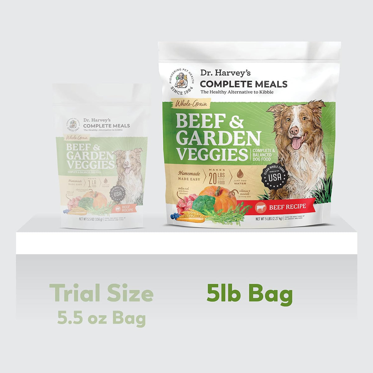 Dr Harveys whole grain dehydrated dog food bag showing ingredient panels and natural nutritional values