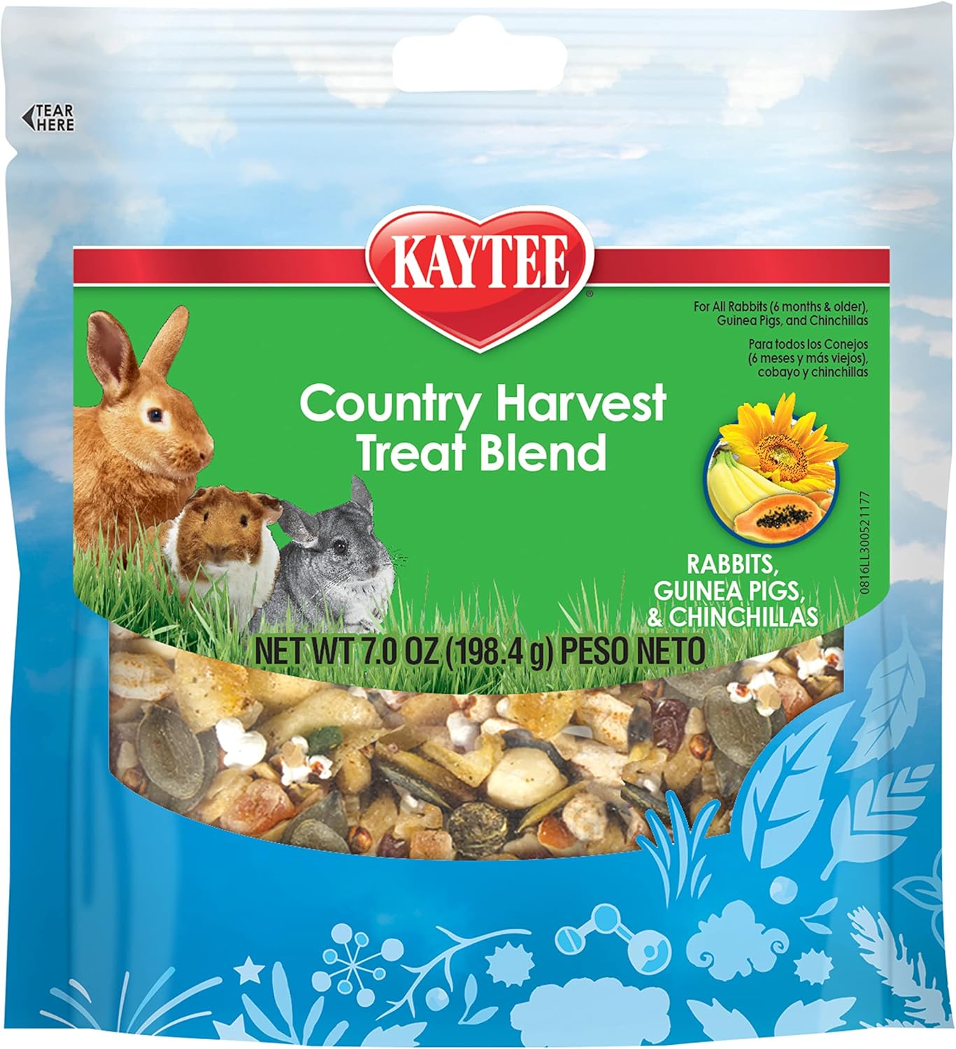 Kaytee Country Harvest Small Animal Treat Blend 7 Ounce pouch front view showing natural forage mix.