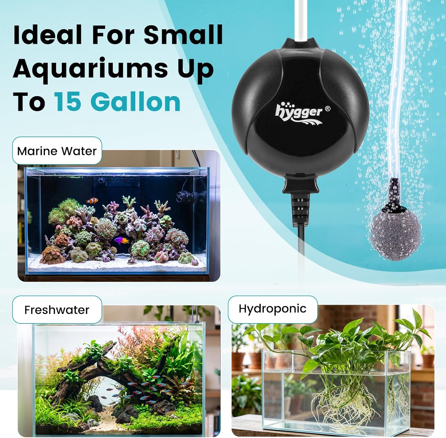 Small aquarium oxygenation setup with hygger air pump