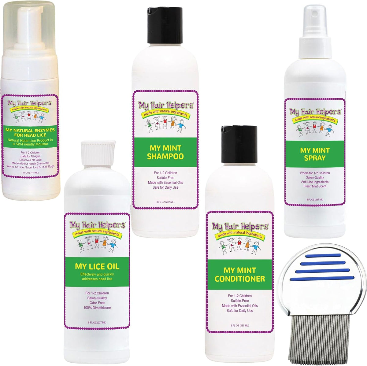 My Hair Helpers Deluxe Family-Size Head Louse Treatment Kit front view for natural lice removal.