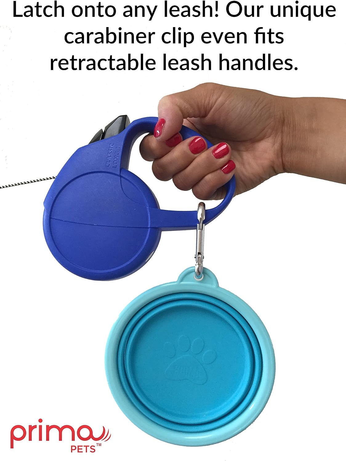 Aqua silicone portable dog feeder collapsed flat with carabiner clip attached