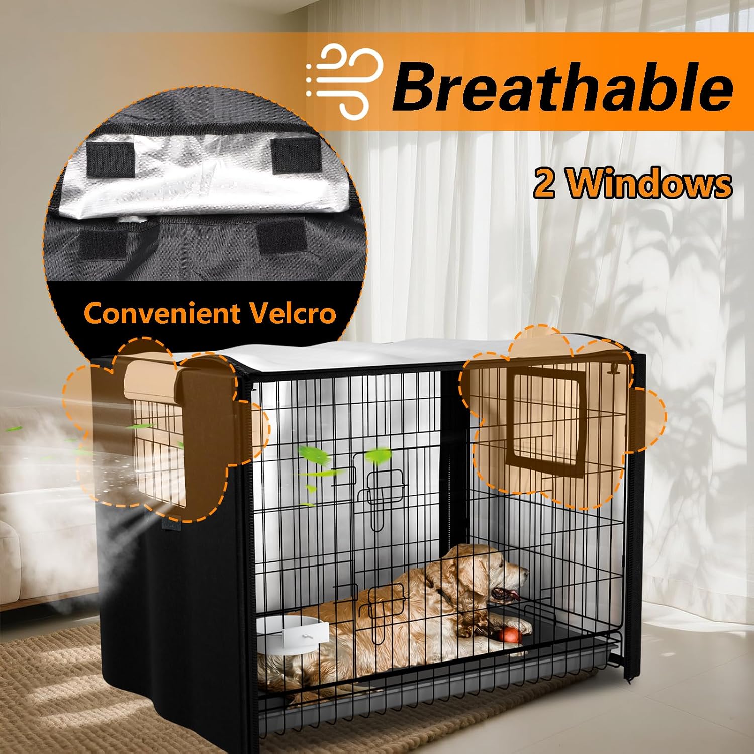 EVRBUL dog kennel cover with corner buckles fastened securely to a wire frame