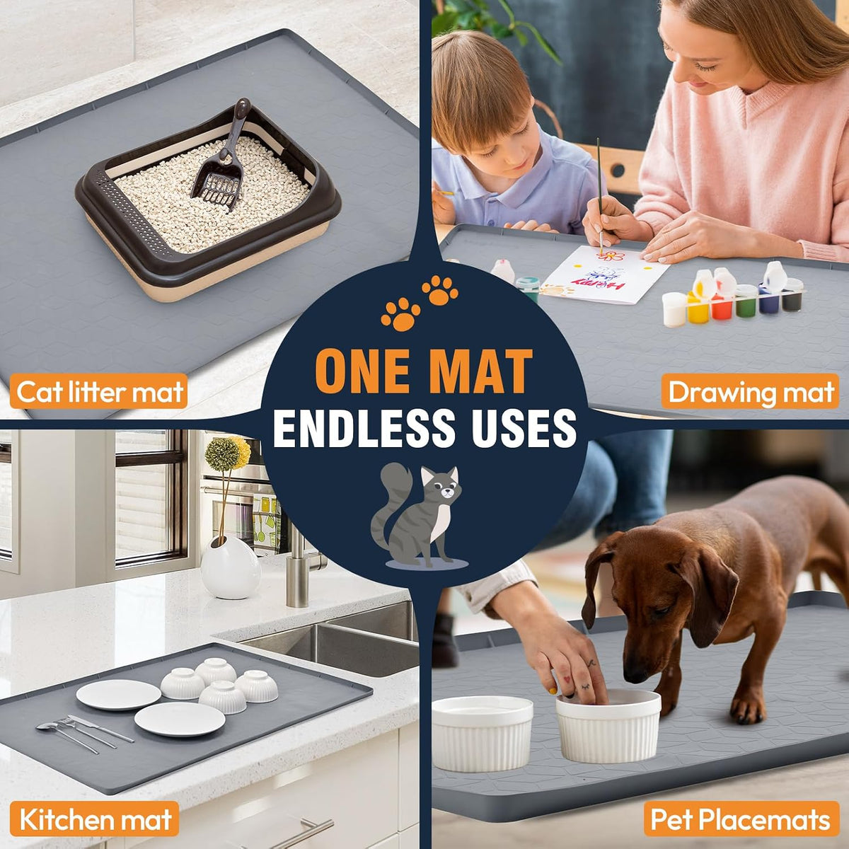 Durable BPA free pet feeding mat being used as a non slip floor pad