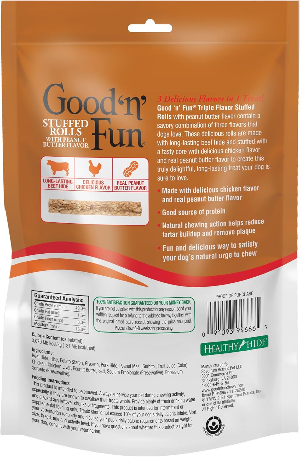 Premium rawhide dog treats with chicken and peanut butter center