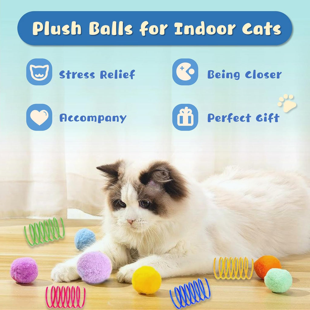 Assorted colors of soft pom pom cat toys on a carpet surface