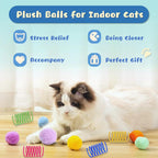Assorted colors of soft pom pom cat toys on a carpet surface
