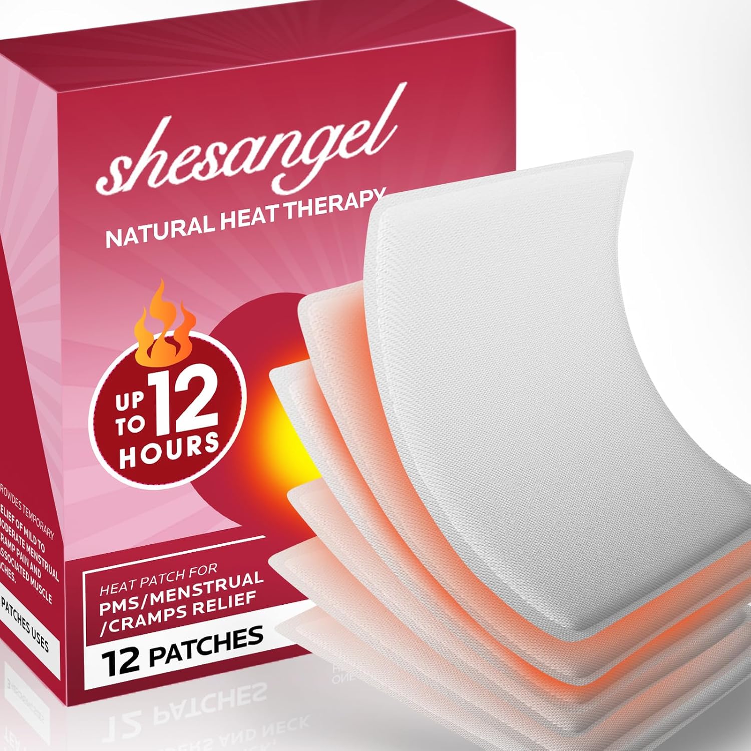 Shesangel Portable Menstrual Heating Patches box front view for period cramp relief