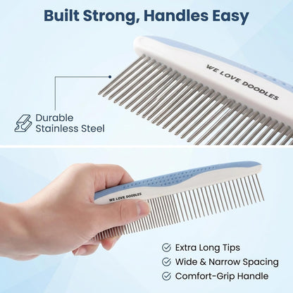 Ergonomic non slip blue handle detail on imported pet detangler brush