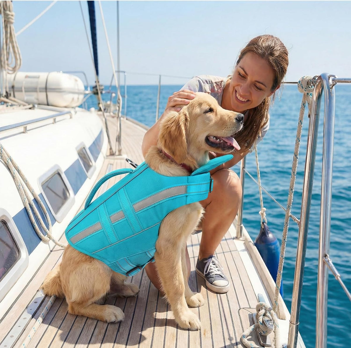 KAMA BRIDAL turquoise canine flotation vest sizing and premium material breakdown