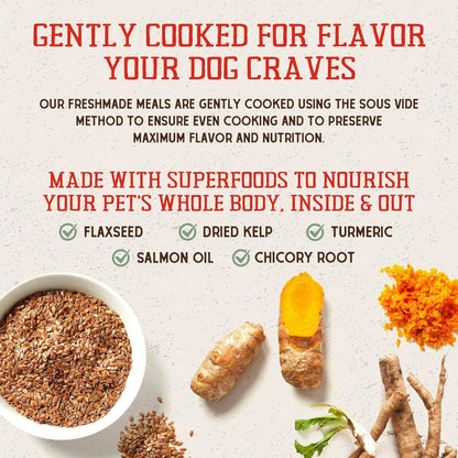 FreshMade grain-free dog food texture and ingredients close up