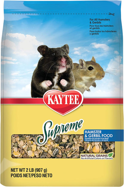 Kaytee Supreme Hamster and Gerbil Food 2 pound front view packaging for small pet nutrition