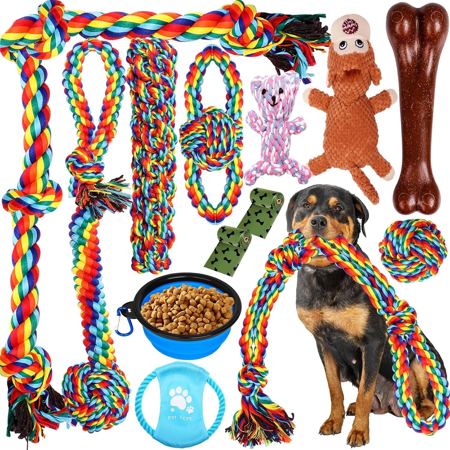 XLMYS dog toys 13 pack front view layout showcasing colorful rope configurations.
