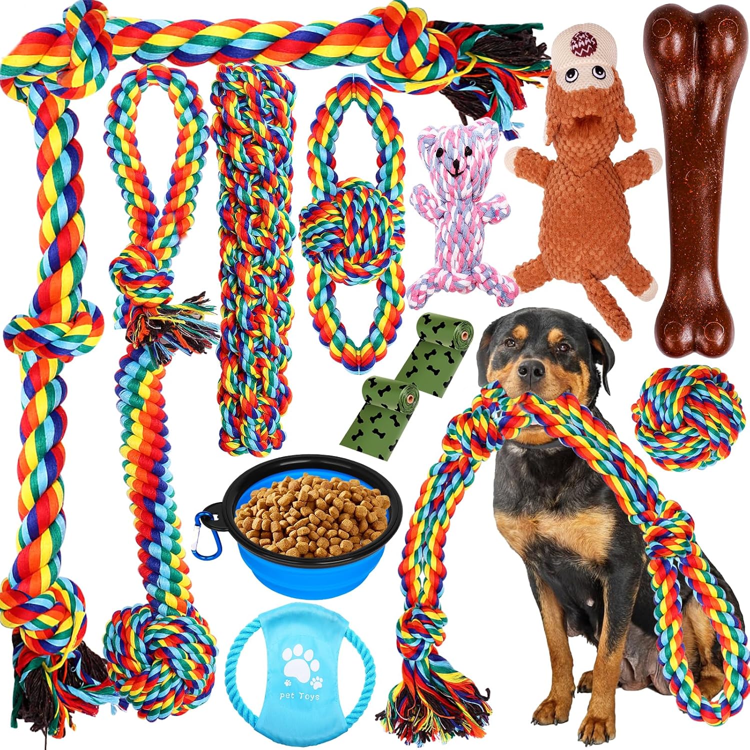 XLMYS dog toys 13 pack front view layout showcasing colorful rope configurations.