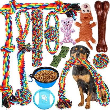 XLMYS dog toys 13 pack front view layout showcasing colorful rope configurations.
