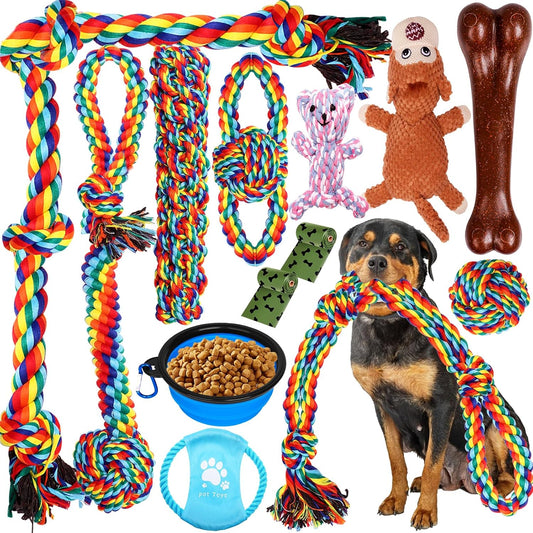 XLMYS dog toys 13 pack front view layout showcasing colorful rope configurations.