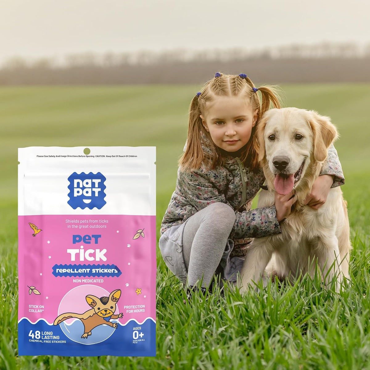 The Natural Patch Co safe insect repellent stickers placed on a pet collar tag