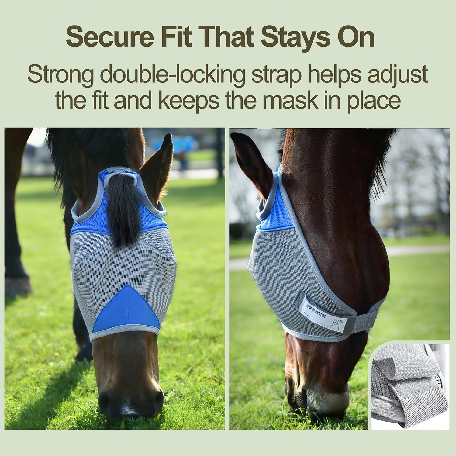 Adjustable hook and loop strap on Fornyk horse fly mask