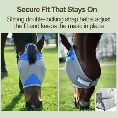 Adjustable hook and loop strap on Fornyk horse fly mask