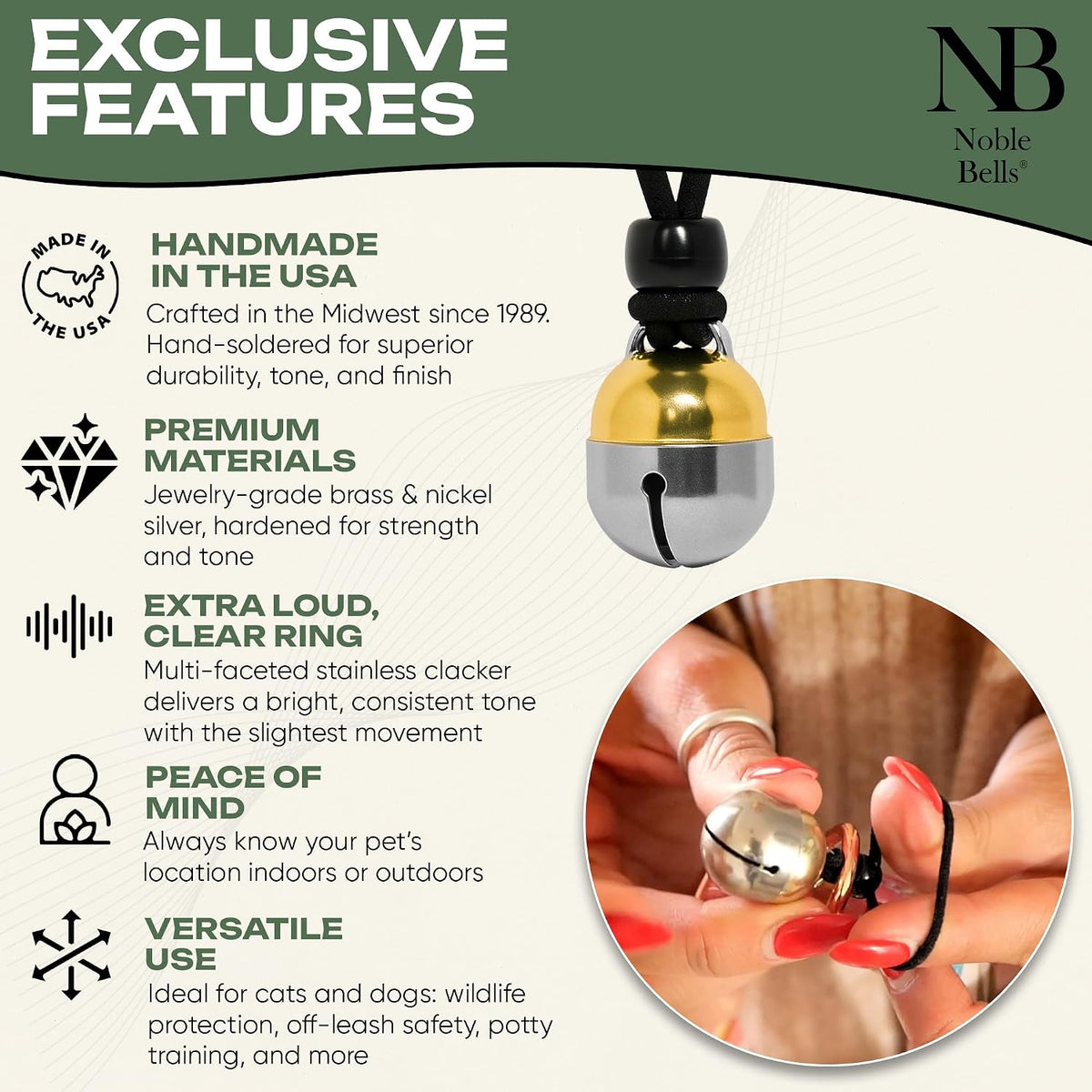 Noble Bells USA imported premium pet tracking bell attached to a standard pet collar.