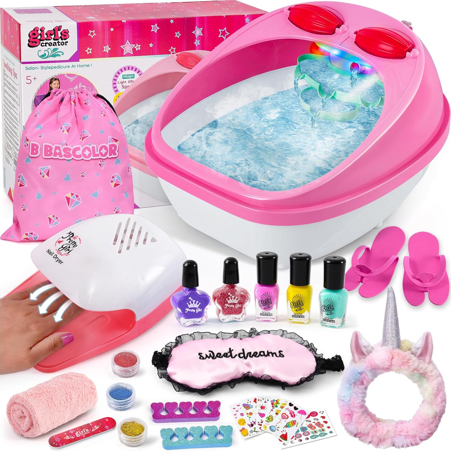 Bobuexer Kids Spa Day Kit front view with foot bath and accessories.
