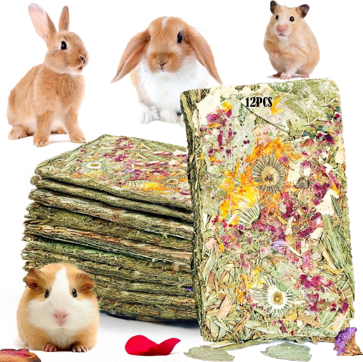 Grembeb rabbit toys twelve pack front view showing natural Timothy hay chew chips for small pet dental health.
