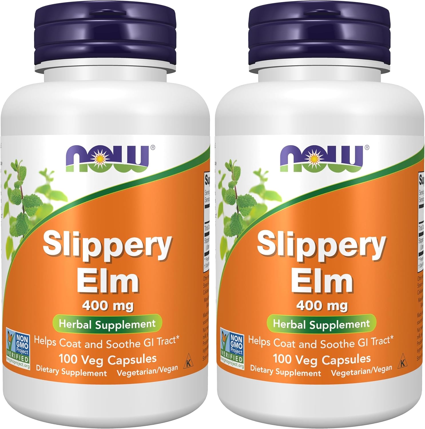 Full bottle presentation of Now Foods Slippery Elm digestive health supplement imported from the USA.