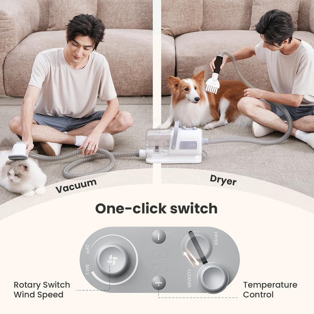 Pecute heavy shedding vacuum cleaner showing the transparent 1.7 Liter dust cup filled with collected fur