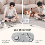 Pecute heavy shedding vacuum cleaner showing the transparent 1.7 Liter dust cup filled with collected fur
