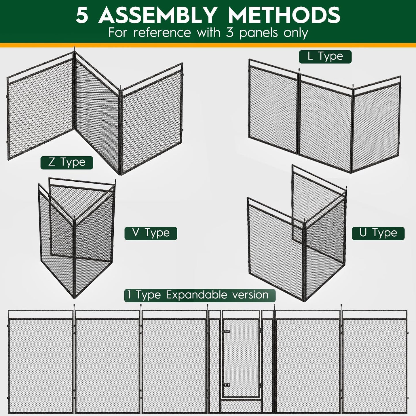 Modular metal pet barrier configured into a large square layout indoors.