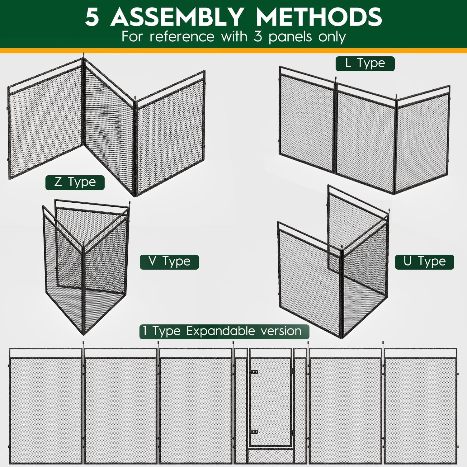 Modular metal pet barrier configured into a large square layout indoors.