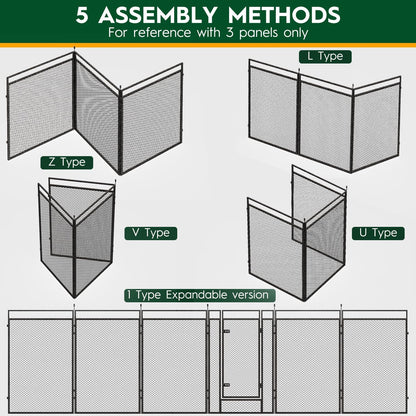 Modular metal pet barrier configured into a large square layout indoors.