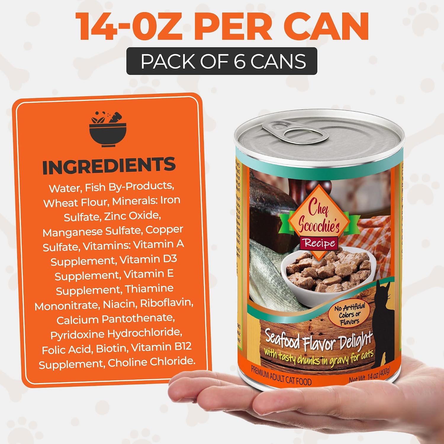 Case of 24 cans of Scoochie Pet Products seafood wet cat food