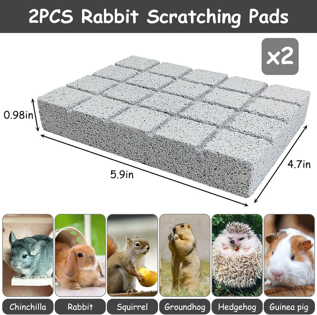Two pack of Hamiledyi bunny grinding claw pads positioned inside a cage with grooved lines visible for pet nail filing.