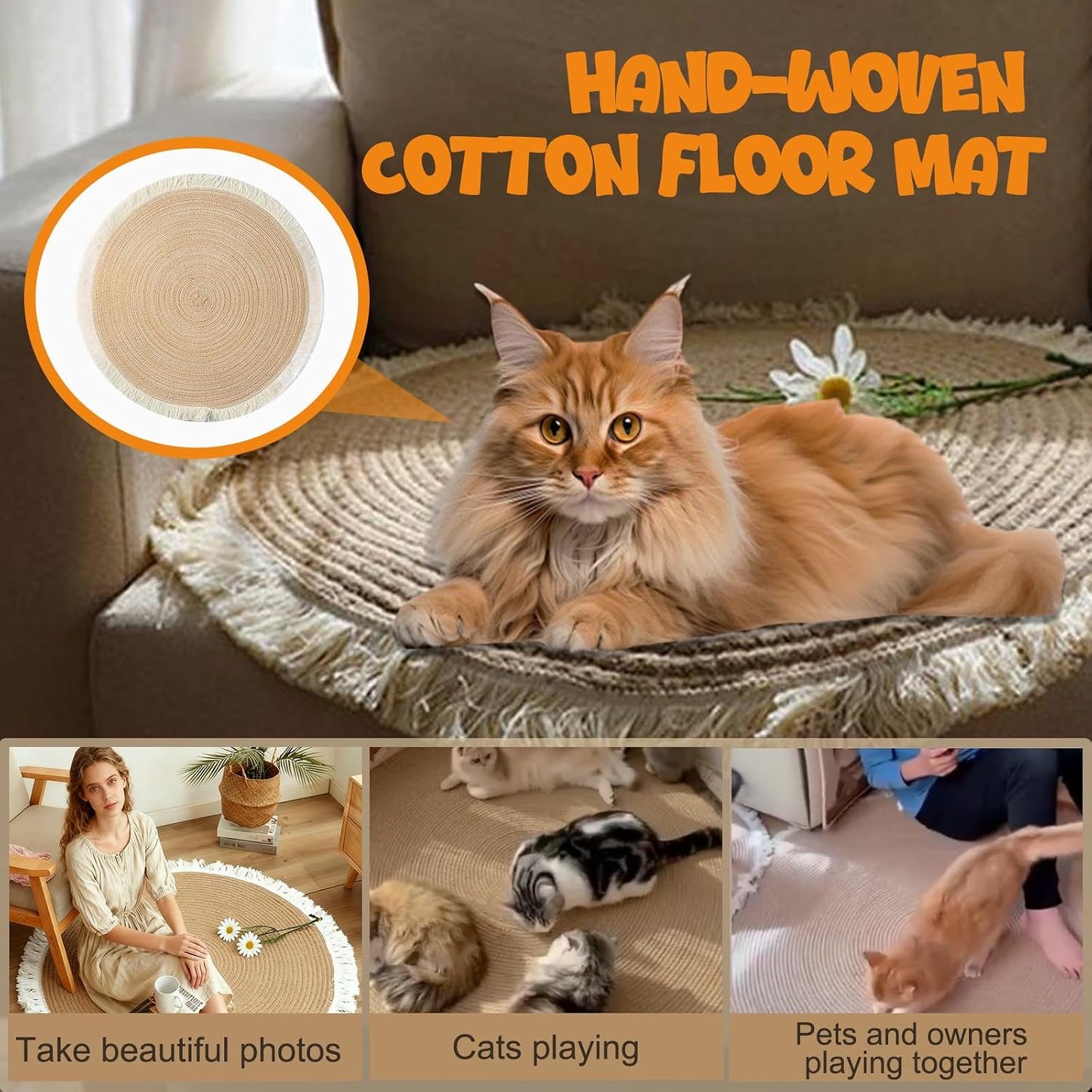 Cat scratching on circular braided home decor mat
