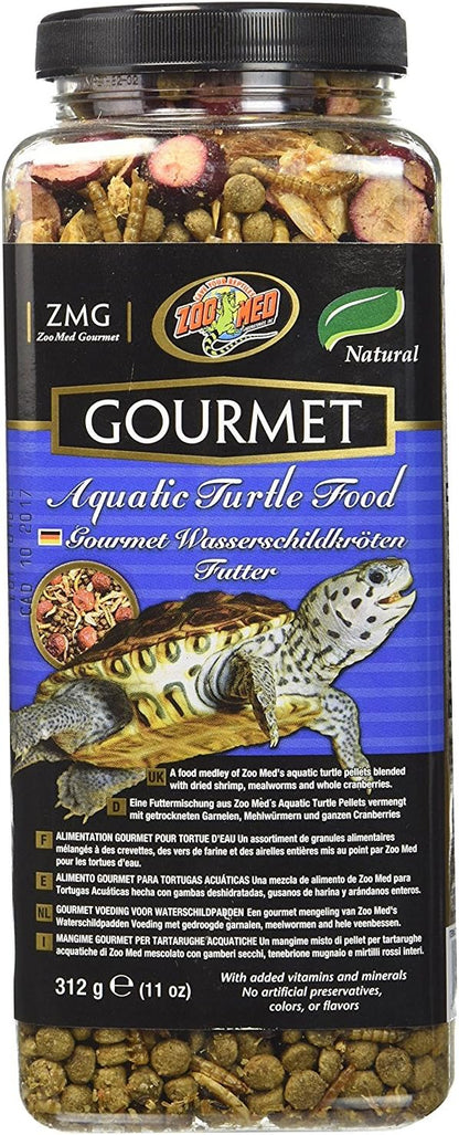 Zoo Med Gourmet Aquatic Turtle Food 11 Ounce jar front view showing high protein formula.