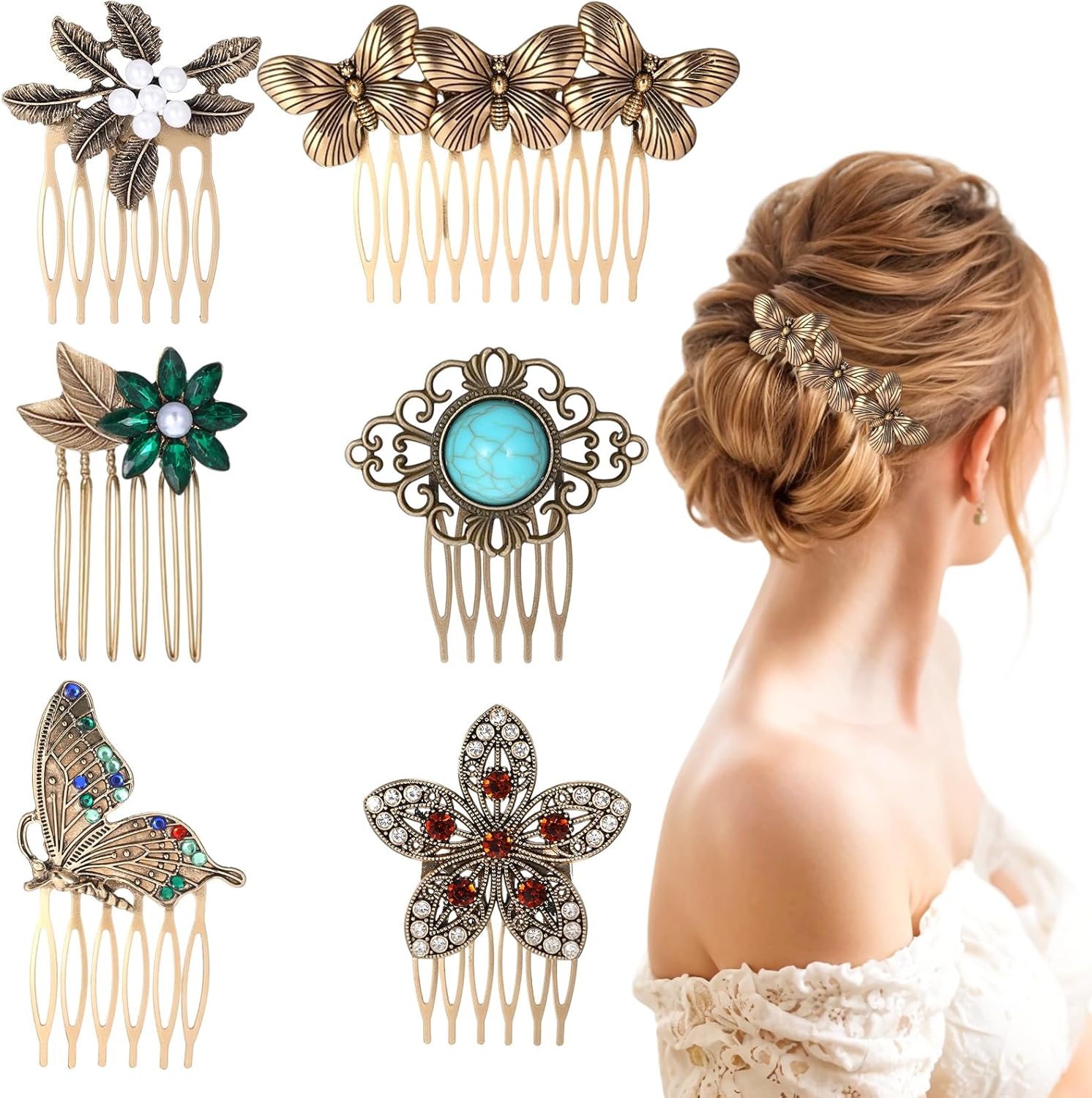 Hpmjz vintage gold hair side combs set front view showcasing butterfly and leaf designs