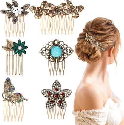 Hpmjz vintage gold hair side combs set front view showcasing butterfly and leaf designs